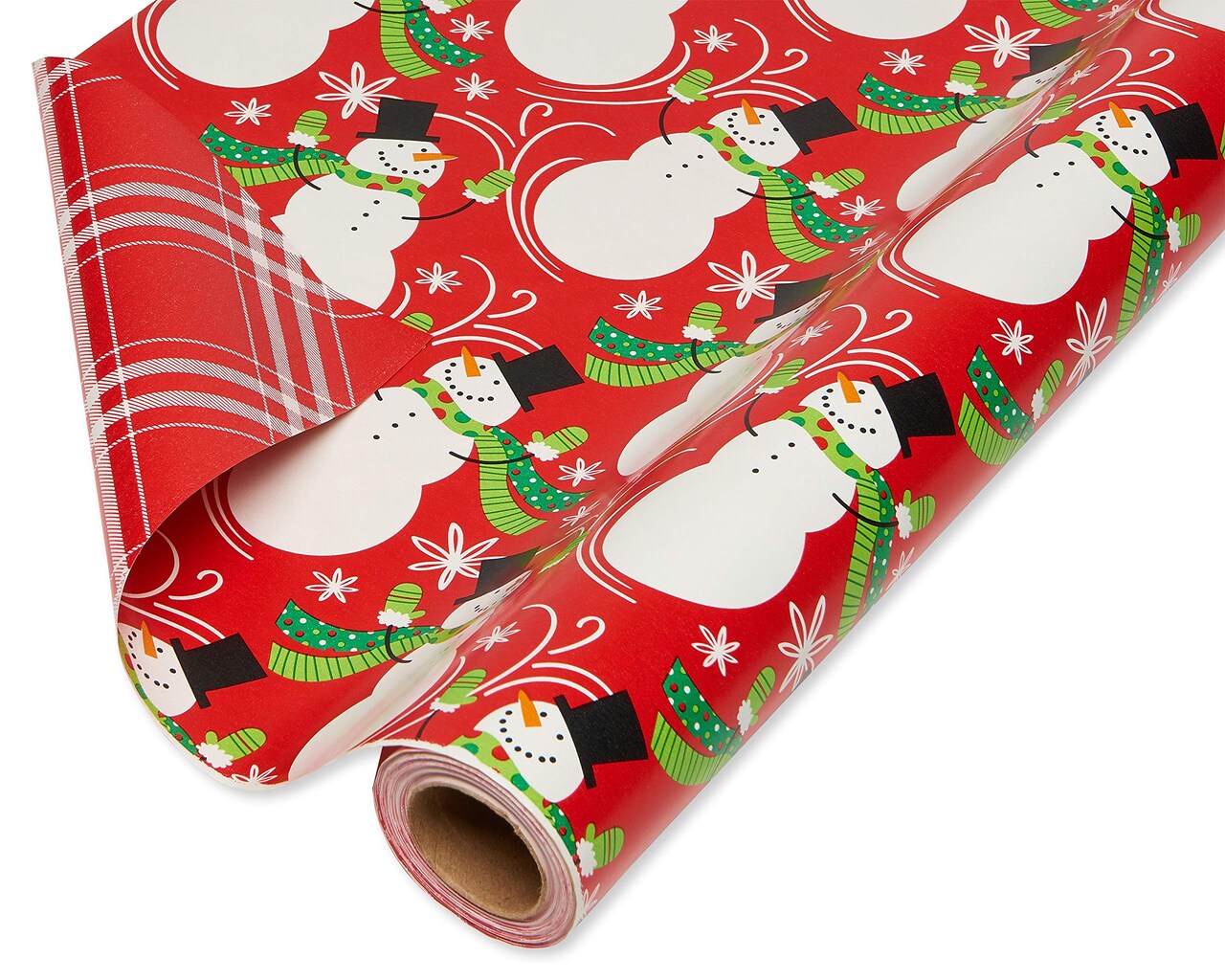American Greetings Jumbo Reversible Christmas Wrapping Paper Roll, Red and White Holiday Gift Wrap (175 sq. ft., 1 Extra Large Roll-30 in. x 70 ft.) Plaid and Snowmen